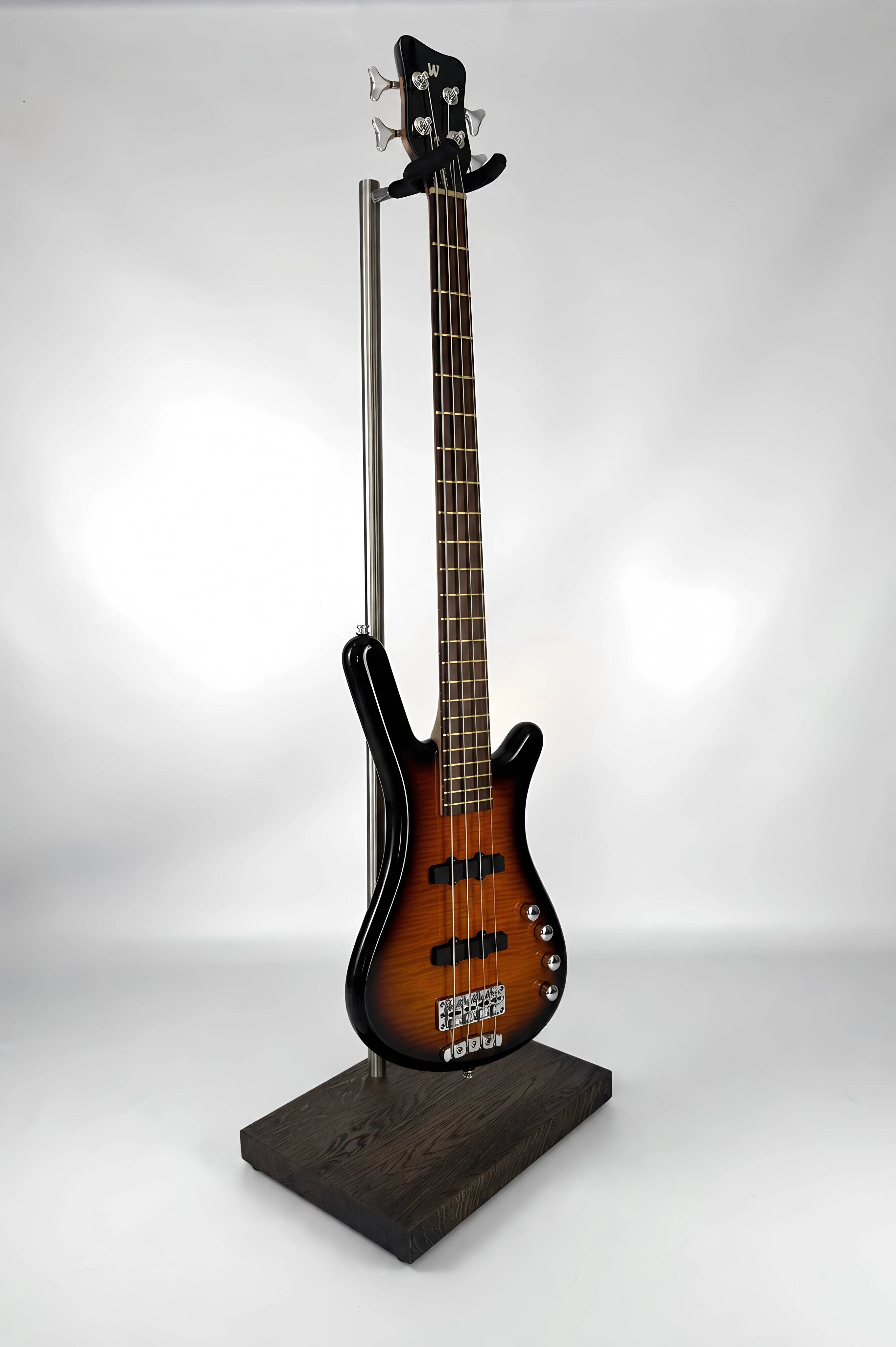 Support de guitare en bois premium, finition noire, avec une guitare, vue de face