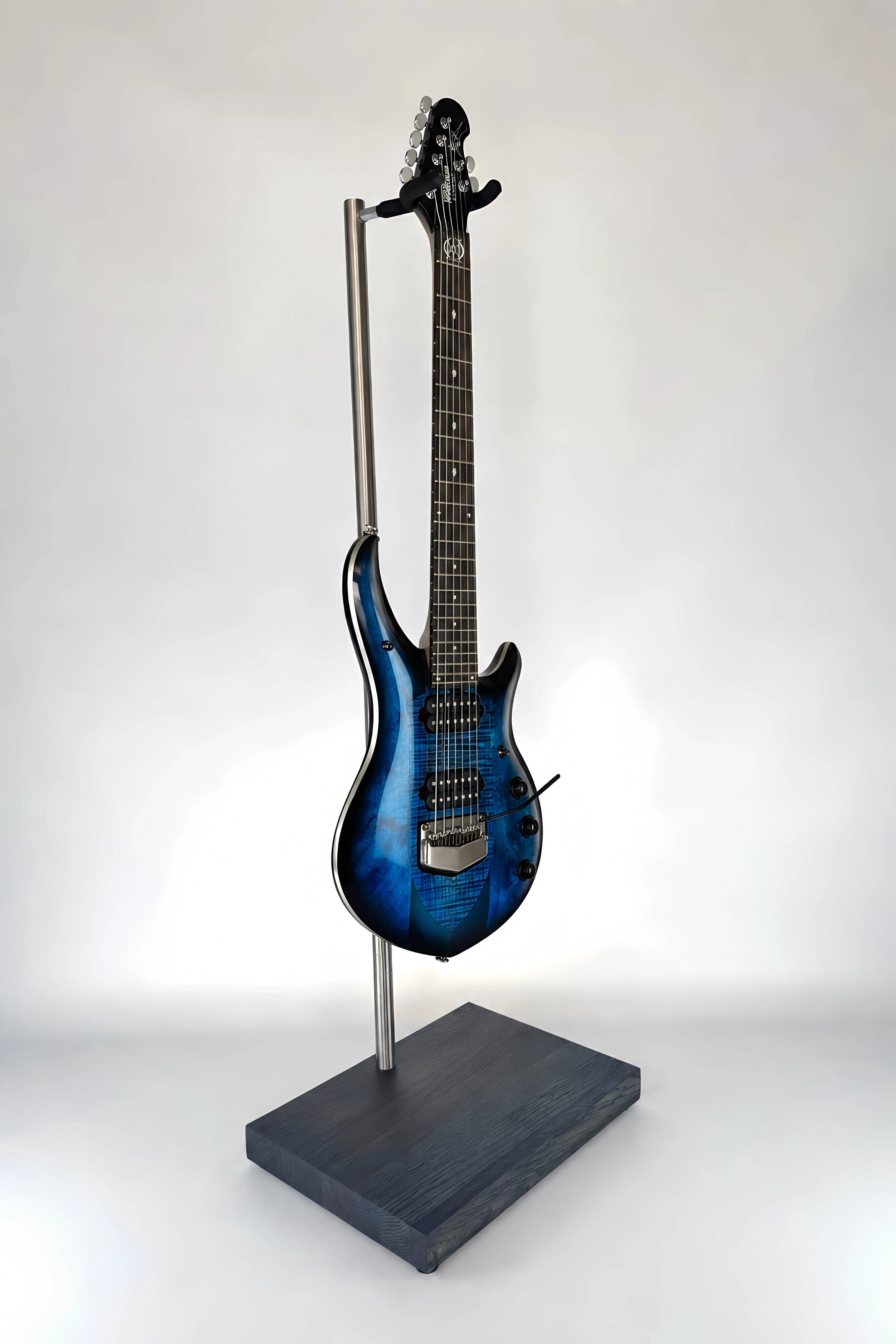 Premium wooden guitar stand with a blue finish holding a guitar, front view