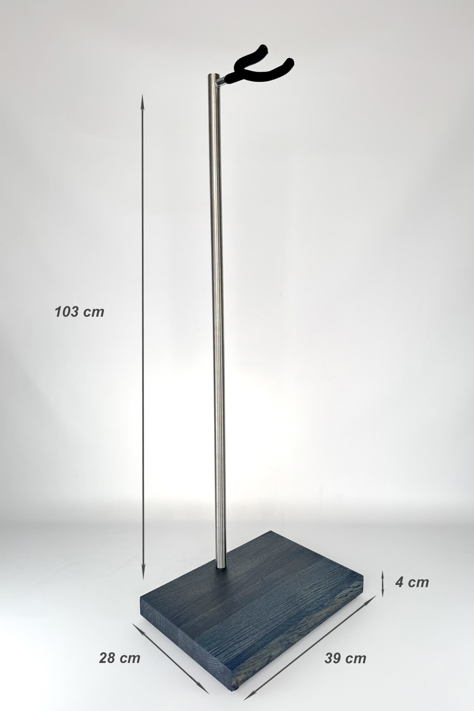 Dimension diagram of a premium wooden guitar stand with a blue finish, shown without a guitar