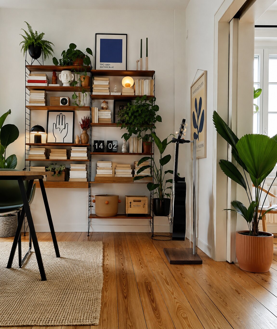 Black electric guitar on a designer stand with a solid wood base in a home library filled with books and plants.