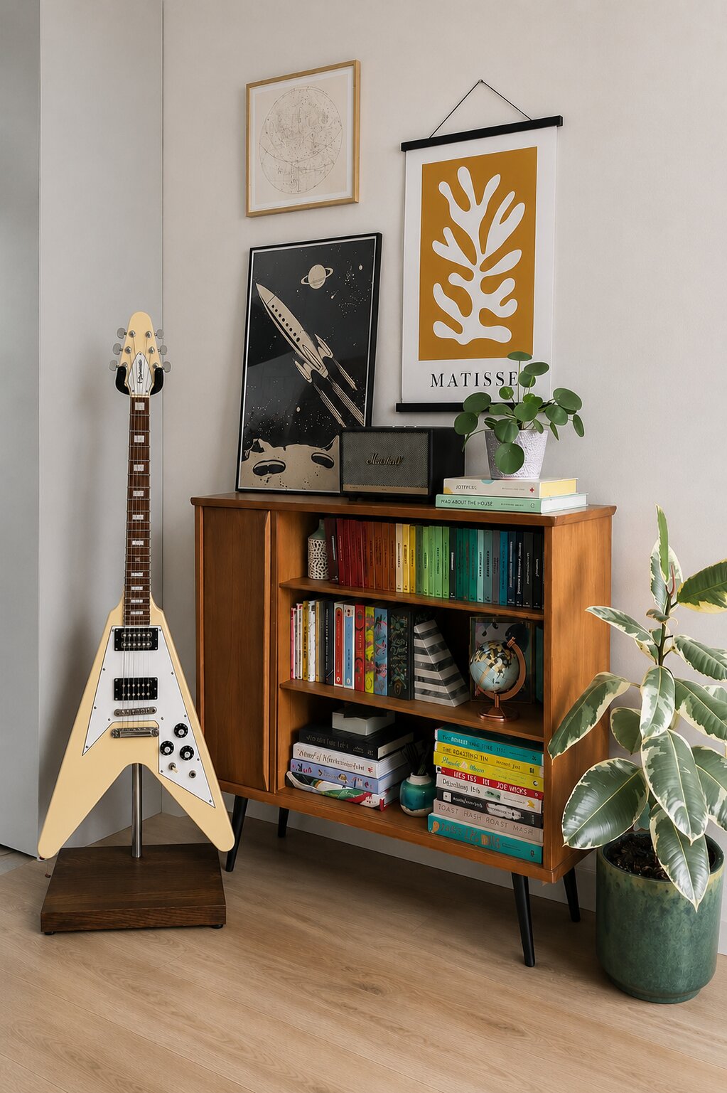 Cream V-shaped electric guitar on a handmade solid wood stand beside a wooden bookcase in a stylish interior.