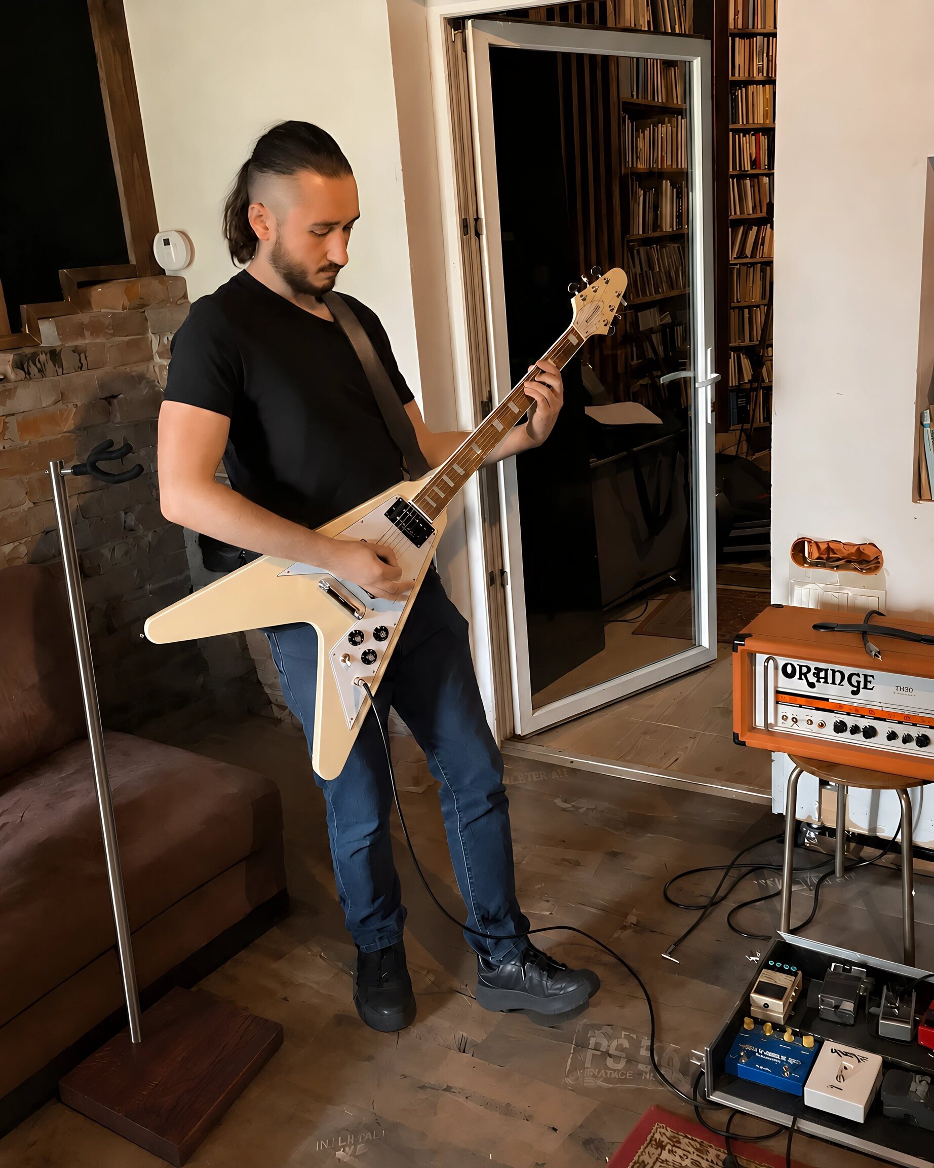 Handmade guitar stand with a solid wood base beside a musician playing a cream electric guitar in a home music studio.